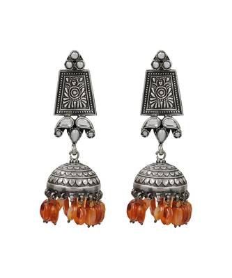 Orange beaded kundan oxidised jhumka earrings 1