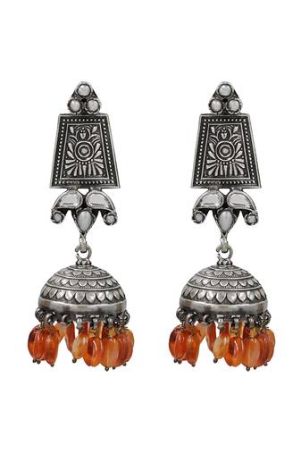 Orange beaded kundan oxidised jhumka earrings