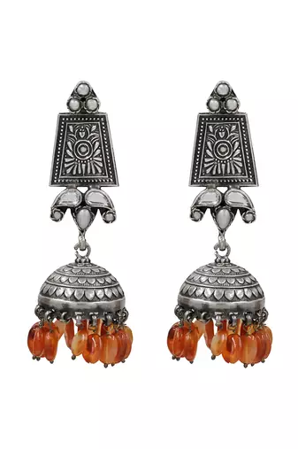 Orange beaded kundan oxidised jhumka earrings