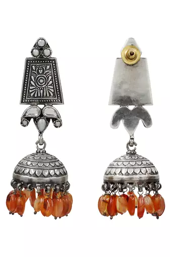 Orange beaded kundan oxidised jhumka earrings