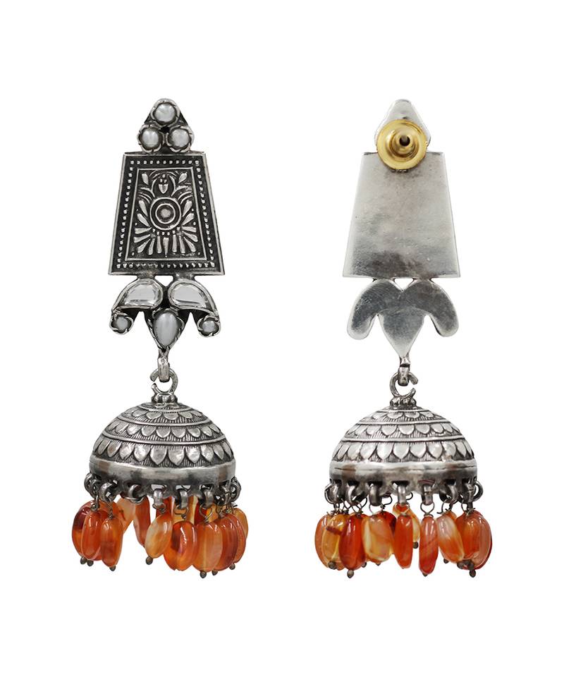 Orange beaded kundan oxidised jhumka earrings