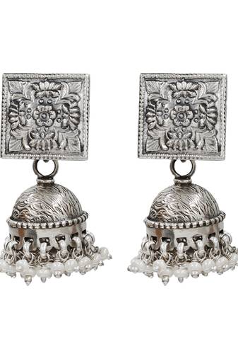 Silver plated statement oxidised jhumka earrings
