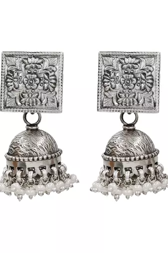 Silver plated statement oxidised jhumka earrings