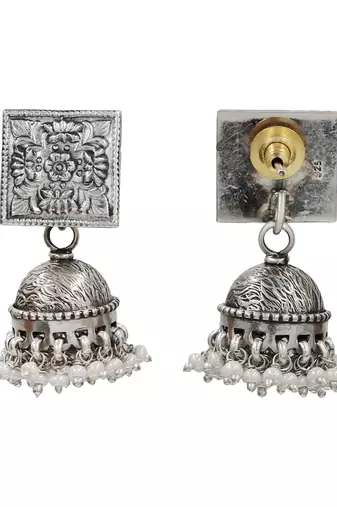 Silver plated statement oxidised jhumka earrings