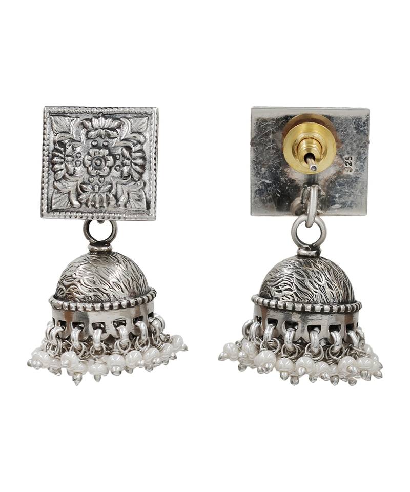 Silver plated statement oxidised jhumka earrings