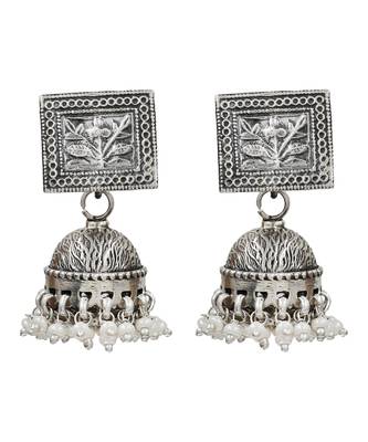 Silver plated floral pearl drop jhumka earrings 1