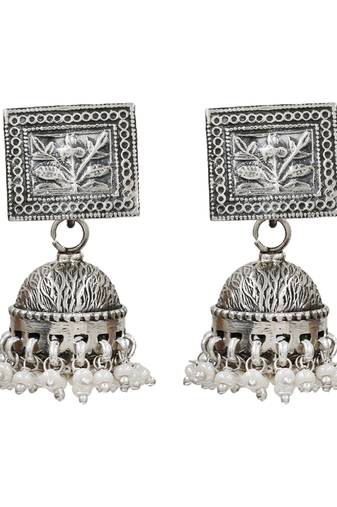 Silver plated floral pearl drop jhumka earrings