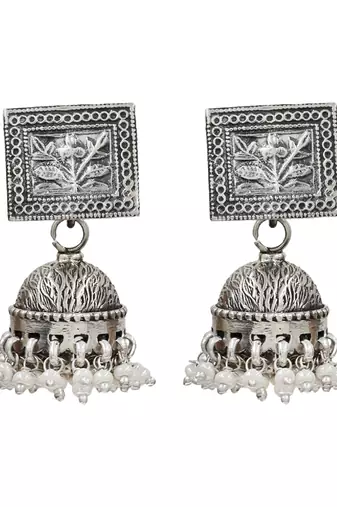 Silver plated floral pearl drop jhumka earrings