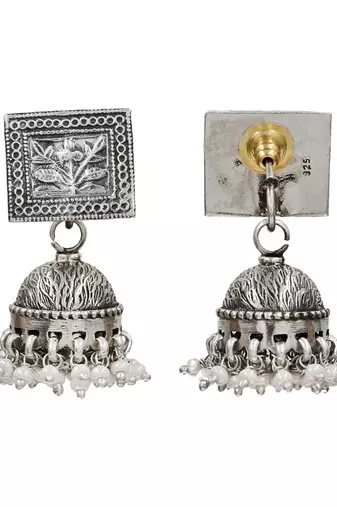 Silver plated floral pearl drop jhumka earrings