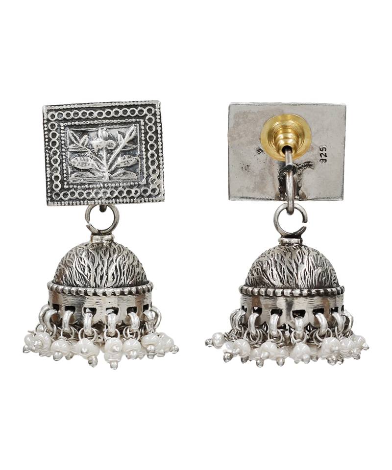 Silver plated floral pearl drop jhumka earrings