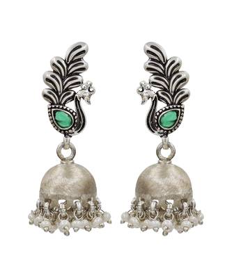 Green stone kundan oxidised jhumka earrings 1