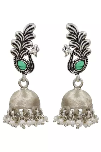 Green stone kundan oxidised jhumka earrings