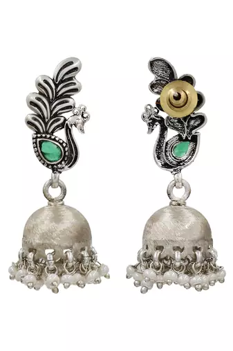 Green stone kundan oxidised jhumka earrings