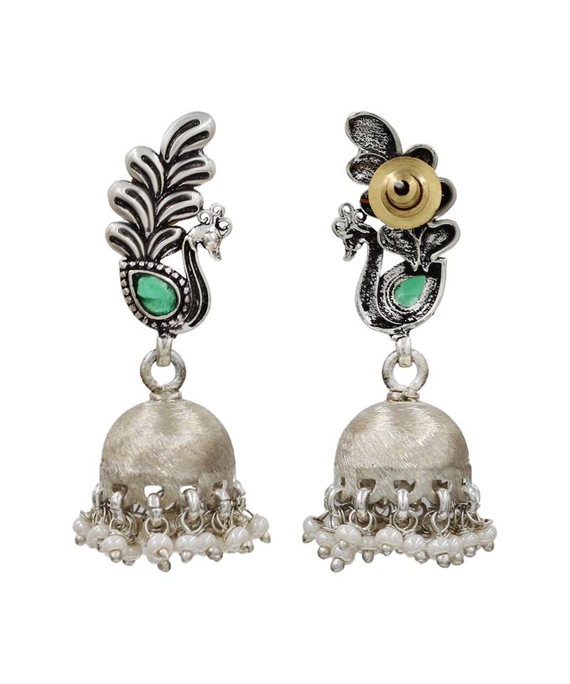 Green stone kundan oxidised jhumka earrings