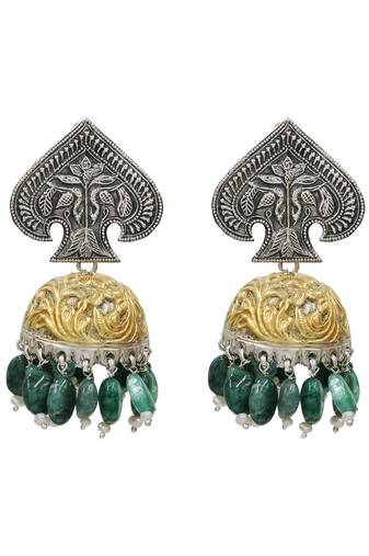Dual tone green beaded jhumka earrings