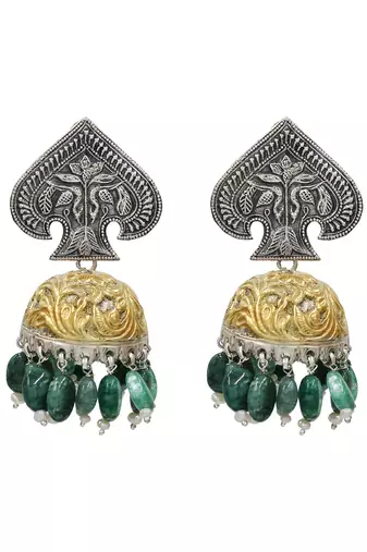 Dual tone green beaded jhumka earrings