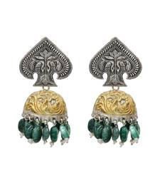 Dual tone green beaded jhumka earrings