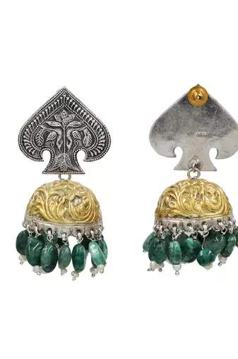 Dual tone green beaded jhumka earrings