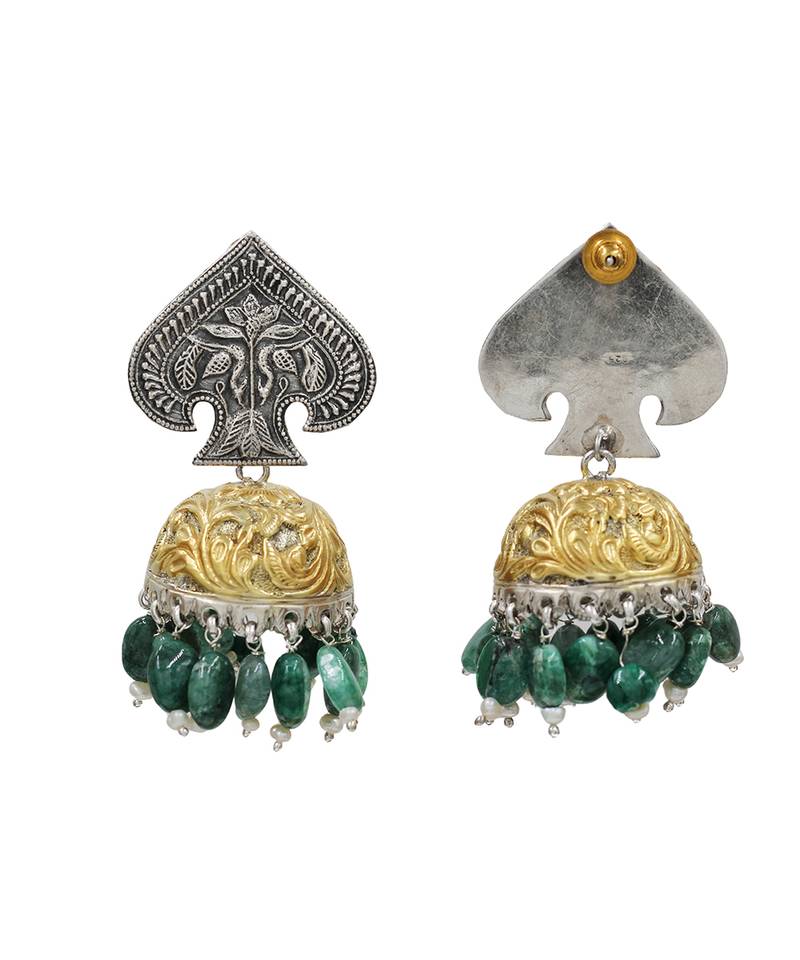 Dual tone green beaded jhumka earrings