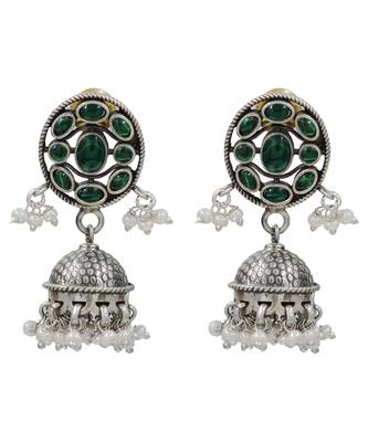 Silver plated green stone kundan jhumka earrings 1
