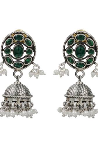 Silver plated green stone kundan jhumka earrings
