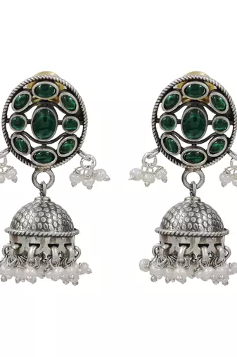 Silver plated green stone kundan jhumka earrings
