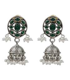 Silver plated green stone kundan jhumka earrings