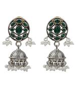 Silver plated green stone kundan jhumka earrings