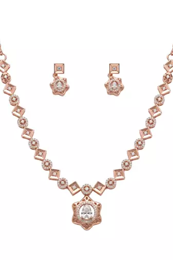 925 sterling silver rose gold floral halo necklace set with earrings