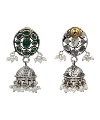 Silver plated green stone kundan jhumka earrings 2