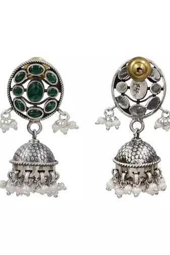 Silver plated green stone kundan jhumka earrings
