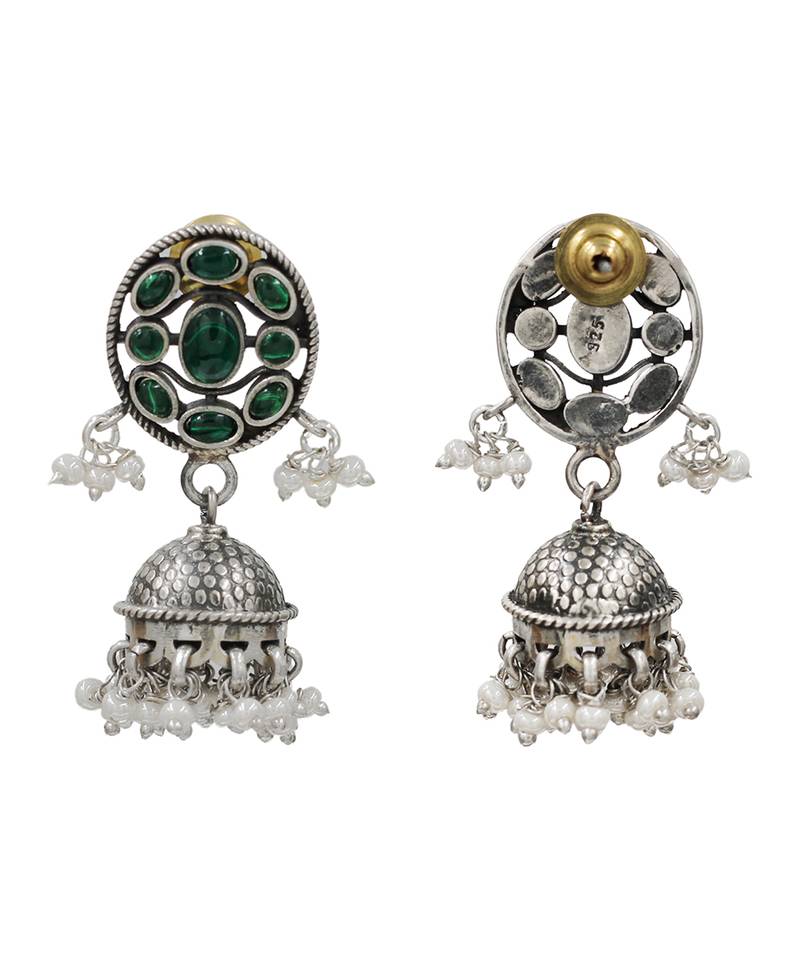 Silver plated green stone kundan jhumka earrings