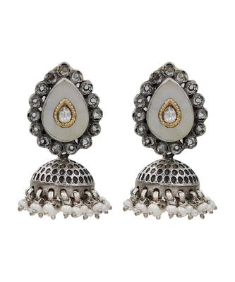 Silver plated kundan pearl oxidised jhumka earrings 1