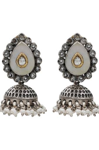 Silver plated kundan pearl oxidised jhumka earrings