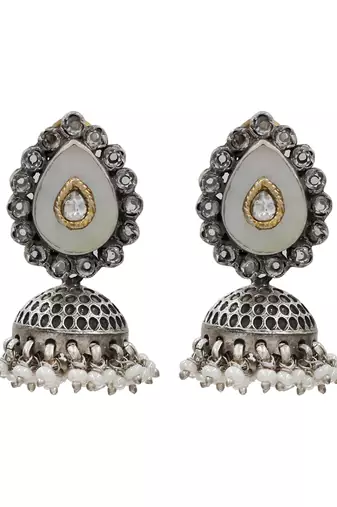 Silver plated kundan pearl oxidised jhumka earrings