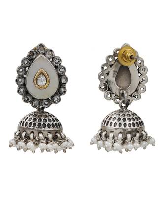 Silver plated kundan pearl oxidised jhumka earrings 2