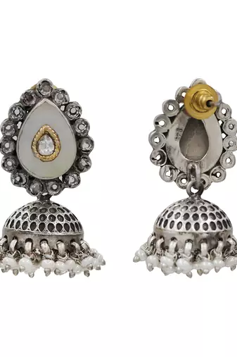 Silver plated kundan pearl oxidised jhumka earrings