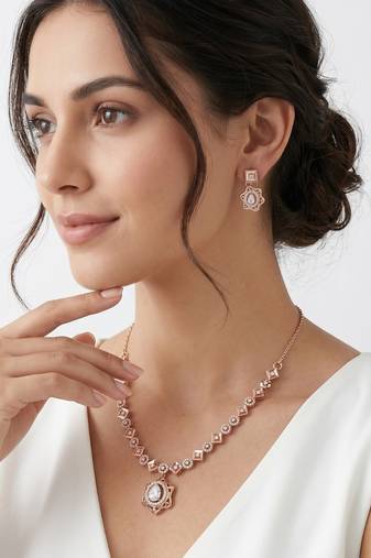 925 sterling silver rose gold floral halo necklace set with earrings
