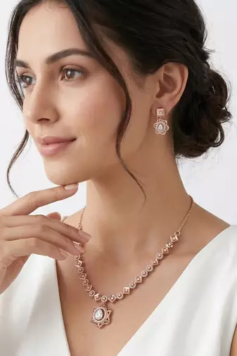 925 sterling silver rose gold floral halo necklace set with earrings