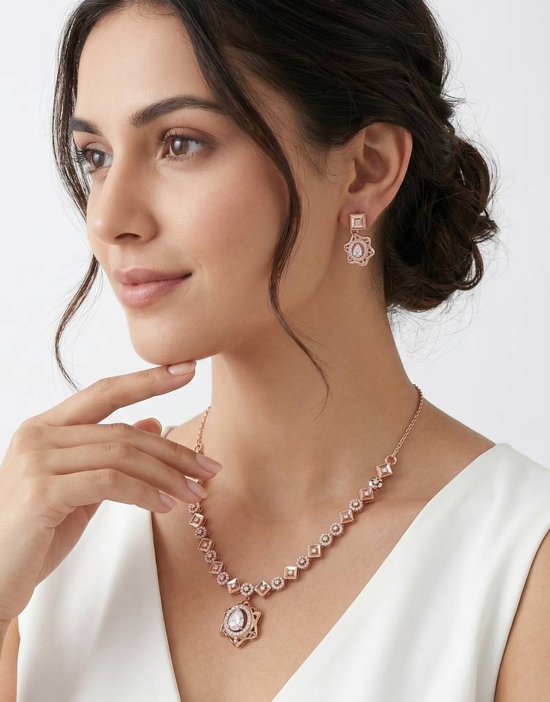 925 sterling silver rose gold floral halo necklace set with earrings
