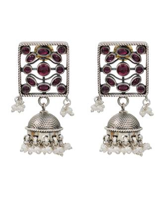 Ruby red kundan stones pearl jhumka earrings 1