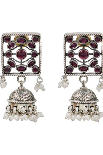 Ruby red kundan stones pearl jhumka earrings