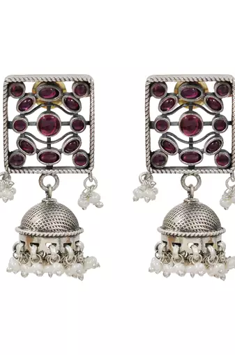 Ruby red kundan stones pearl jhumka earrings