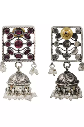 Ruby red kundan stones pearl jhumka earrings