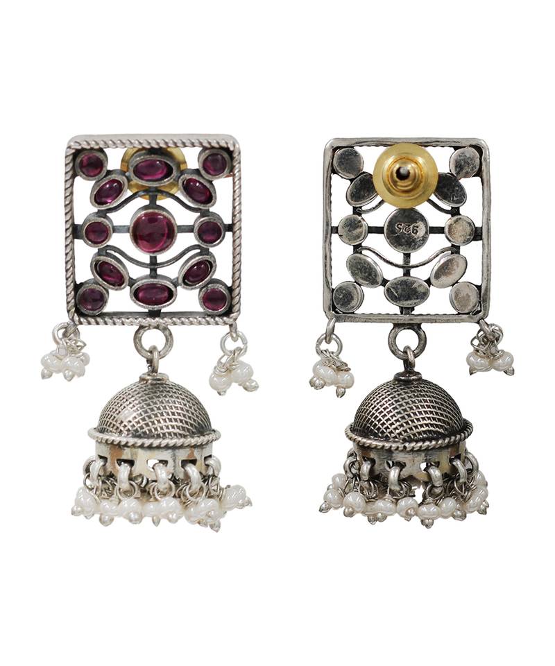 Ruby red kundan stones pearl jhumka earrings