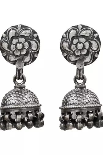 Silver plated floral jhumka earrings