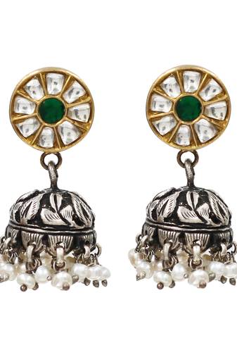 Dual tone kundan pearl jhumka earrings