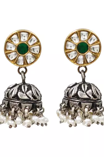 Dual tone kundan pearl jhumka earrings