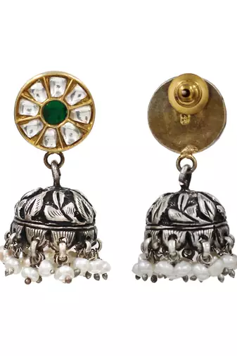 Dual tone kundan pearl jhumka earrings