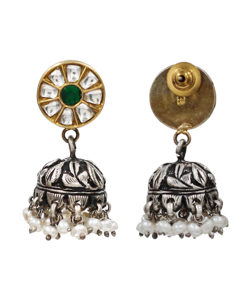 Dual tone kundan pearl jhumka earrings
